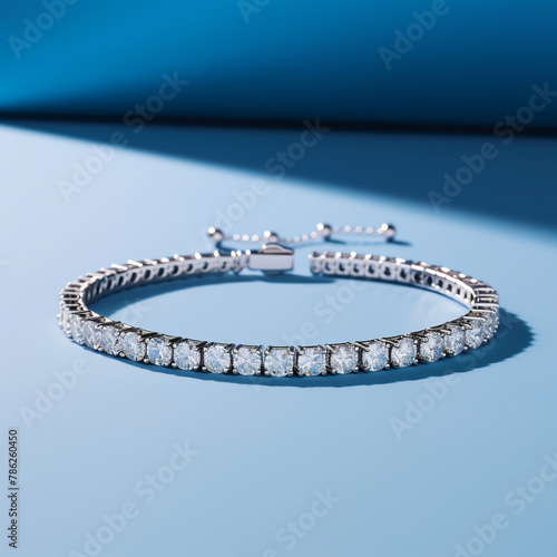 realistic diamond tennis bracelet photographed in a egg-blue studio background сreated with Generative Ai