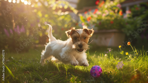 A lively young dog gambols in the sunny garden, chasing after a colorful toy with enthusiasm.