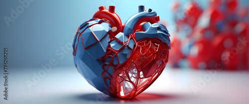A detailed 3D rendered heart in segmented red and blue hues, with a soft unfocused background emphasizing the heart's design