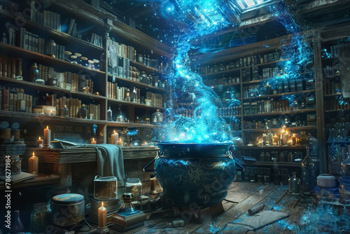mystical library with glowing magical potion brewing in ancient cauldron surrounded by old books and artifacts