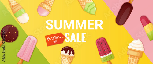 Summer sale promo banner with ice cream