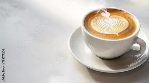 Cup of hot coffee with steam coming out of it stands on a saucer on a white background with a pattern on the foam.