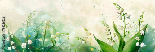 Enchanting watercolor backdrop adorned with delicate lily-of-the-valley flowers, perfect for celebrating the beauty of nature. Generative AI