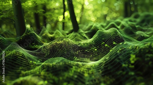 Bioacoustic monitoring, abstract forest soundscape, visual waves, green and earth tones, natural rhythm