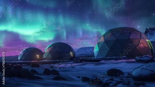 Arctic accommodations, geodesic domes, northern lights display, night, wide angle