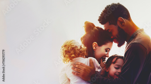 Parents embrace two children with love on white background.