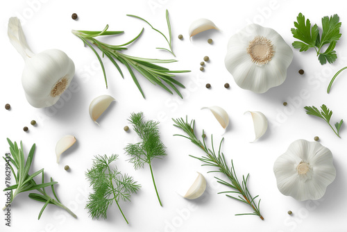 Garlic, rosemary and pepper isolated on white background