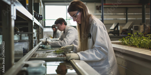 Students at a university researching wastewater treatment methods that recover nutrients for fertilizers in a lab filled with natural daylight, emphasizing sustainability in educat