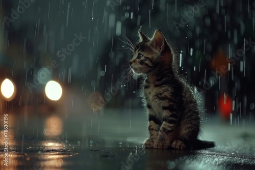 Lonely stray kitten seeking shelter in the rain, hoping for pet adoption, rescue, and charity help