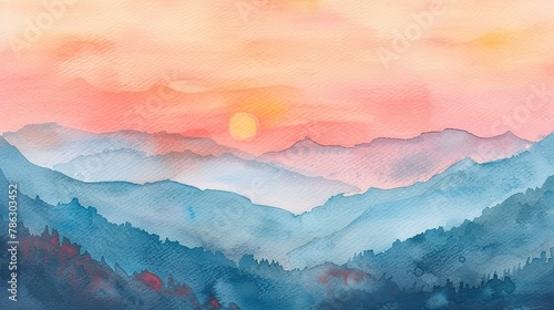 Watercolor dawn in the Alps, pink and orange sky, serene mountain vista 
