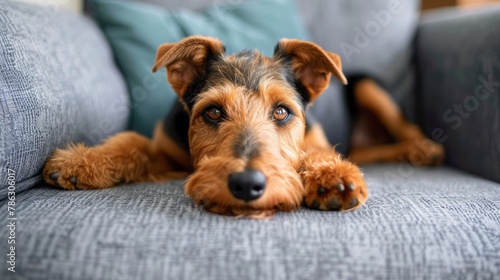 airedale terrier dog is lying on a cozy sofa in a modern living room