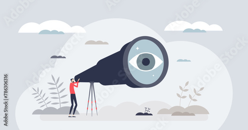 Visionary leader searching for future business solutions tiny person concept. Strong leadership with high ambitions and new sights exploration vector illustration. Vision for new goals and challenges