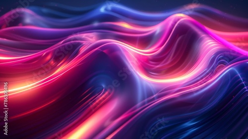 Holographic iridescent neon curved wave abstract 3D render on a dark background. Well-suited for banners, backgrounds, wallpapers, and covers.