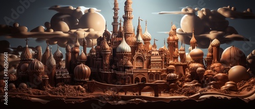 A magical kingdom with a castle made of layered chocolate and ice cream spires