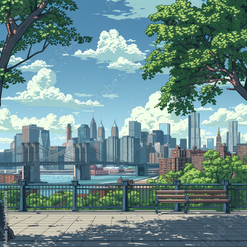 Brooklyn Heights Perspective Cartoon NYC Skyline Wide View
