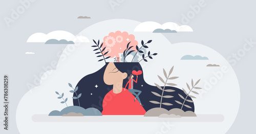 Self concept with confident and self loving tiny person female. Mental care awareness for inner harmony vector illustration. Psychological self esteem, individuality and personality characteristics.