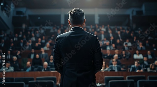 Rear view of businessman standing in front of audience in conference hall