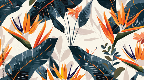 Hand drawn abstract jungle pattern with strelitzia