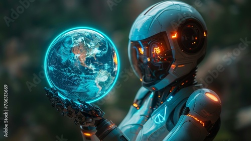 3D rendering of artificial intelligence saving planet from apocalypse. Robot woman holding globe on shoulders. AI saves nature and humanity from disaster.