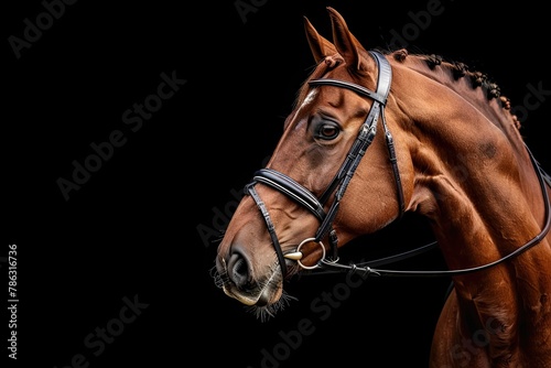 Stunning dressage chestnut gelding horse in bridle isolated on black background