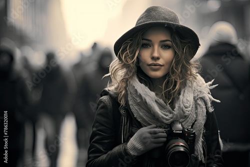 A woman with a hat and scarf holding a camera. Generative AI