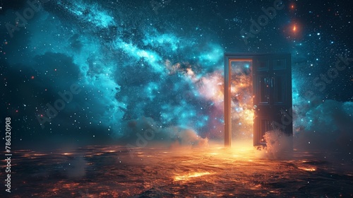 Doorway to the cosmos: a surreal image of an open door leading into a starry universe