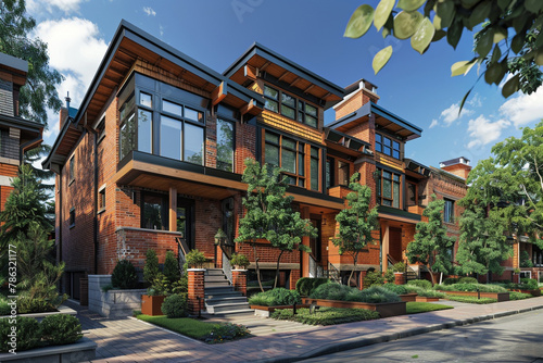 A Craftsman townhome with a unique fa? section ade featuring brick and wood elements, bay windows, and a landscaped front terrace, fitting into an urban renewal setting.