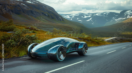 futuristic high-tech car on a picturesque road, landscape, style, technology, speed, wheels, transport, travel, future, glass