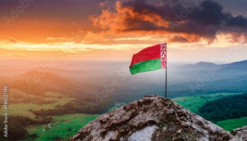 The Flag of Belarus On The Mountain.