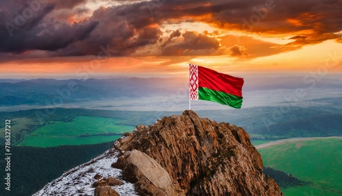 The Flag of Belarus On The Mountain.