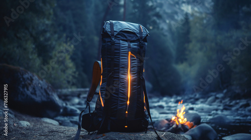 Backpack with glowing campfire on riverbank in dusk, suitable for travel blogs and wilderness survival guides.