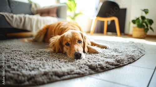 Golden retriever dog lies on the floor on a grey carpet, in a modern living room, copy space