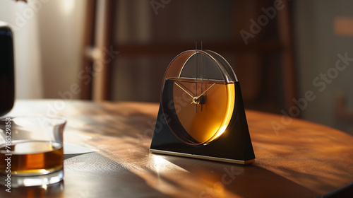 Modern sundial clock design on wooden desk concept for timeless elegance in interior decoration or sophisticated home accessory advertising.