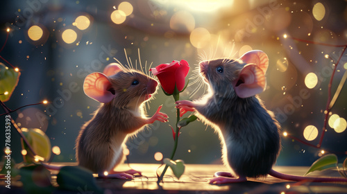 Dichiarazione d'amore. Un topolino consegna una rosa all'amata.