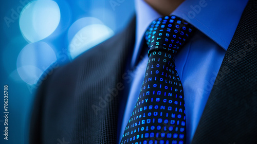 Close-up of a businessman's blue tie, great for corporate branding and professional attire advertisements.