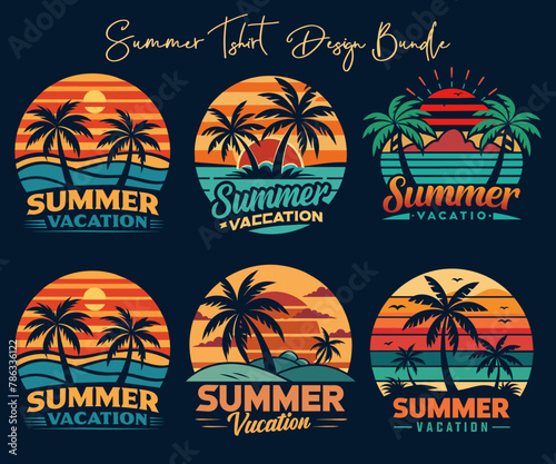 Summer t shirt design. Summer retro and vintage t shirt deign with enjoying people, sunset and palm tree. 