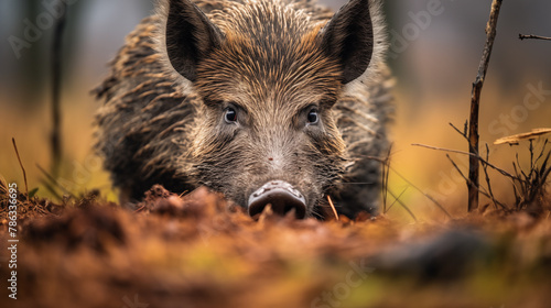 Wild Boar Foraging in Autumn Forest. Generative AI