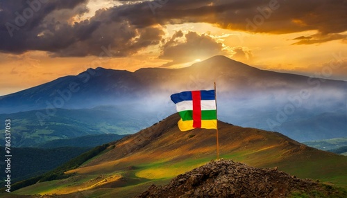 The Flag of Central African Republic On The Mountain.