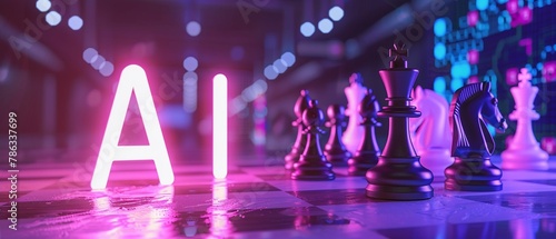 Chess pieces with AI neon sign purple haze