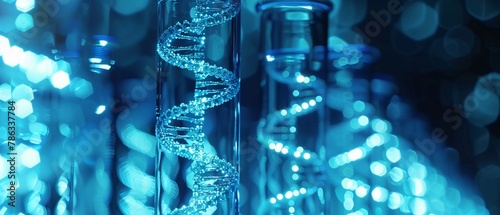 DNA helices in lab tubes mid-row focus