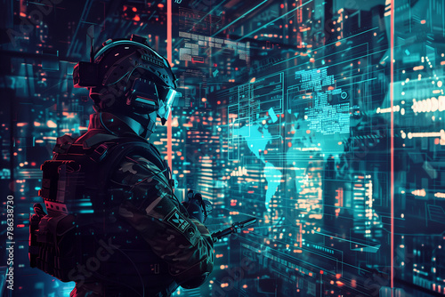 digitally simulated cyber warfare scenarios, illustrating the importance of defending against digital threats in high tech style.