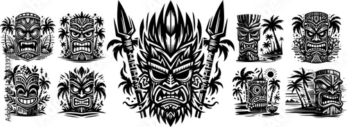 tropical tiki masks, hawaiian decoration, black vector, silhouette svg illustration laser cutting engraving transparent monochrome shape