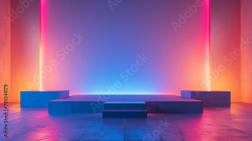 Sleek stage design with gradient pink and blue lighting