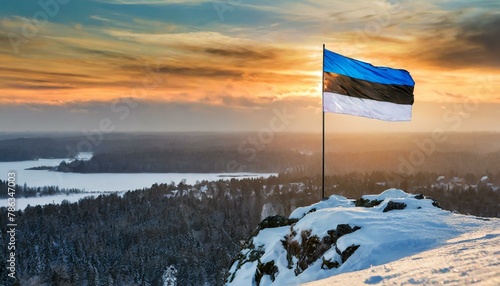 The Flag of Estonia On The Mountain.