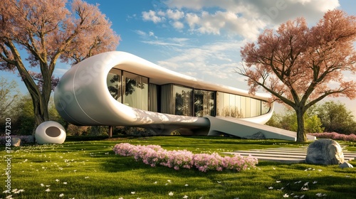 white futuristic curvilinear house in a spring at countryside with pink flowering trees.