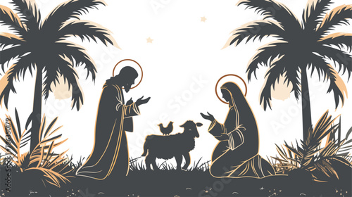 Saint joseph and mary virgin in mule manger silhouette