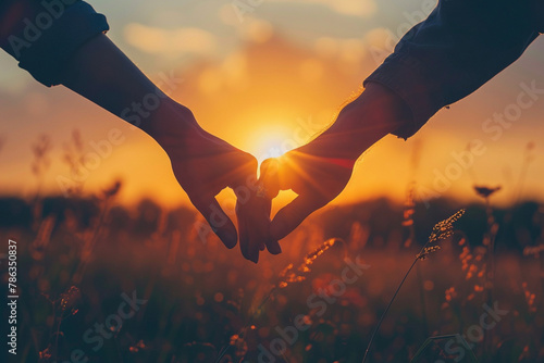 silhouette lovers hold hands together love each other forever during the sunset golden light, romantic concept