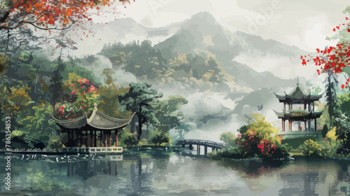 a painting of a scenic scene with a bridge and pagodas