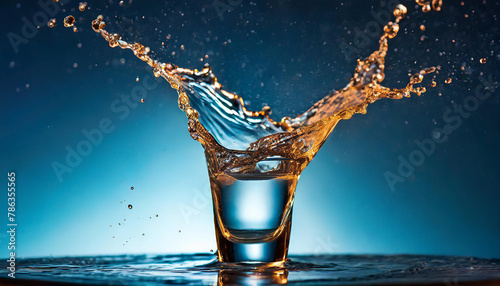 Glass shot of vodka with splashes. Alcoholic beverage.