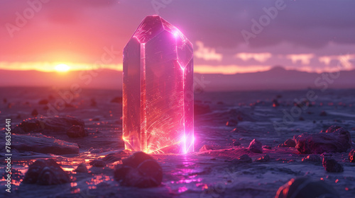 A mystical glowing crystal stands on a rocky terrain at sunset, emitting a vibrant pink light.